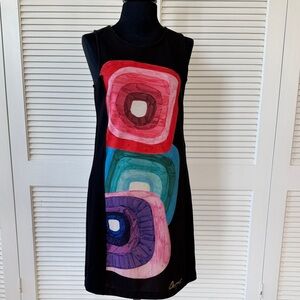 Desigual Black Dress with Red, Blue, and Purple Squares
